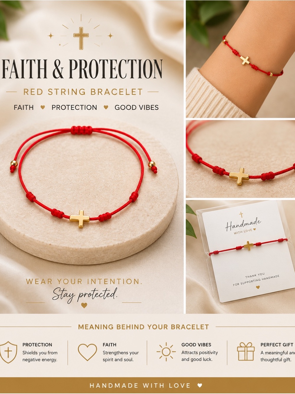 🙏🏽✝️Faith & Protection Red String Bracelet with Gold Cross🙏🏽✝️